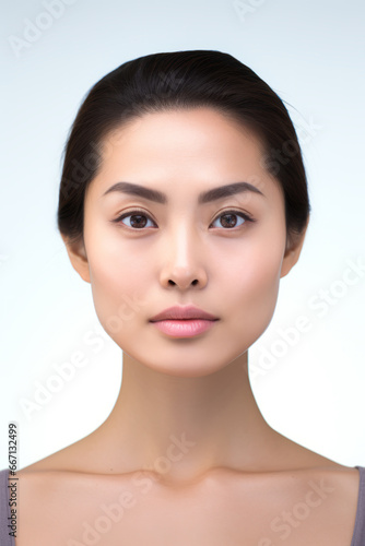 Retrato de mujer joven asiática sobre fondo blanco y neutro. Vertical y horizontal. 