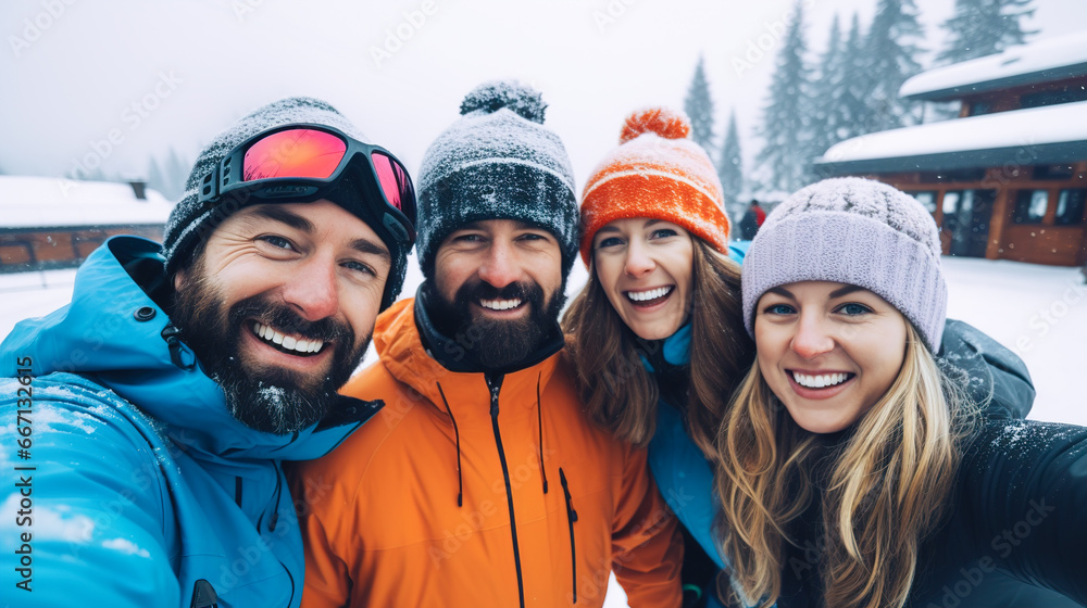 Group of happy people relaxing in the mountains at a resort Group of happy people relaxing in the mountains at a resort
