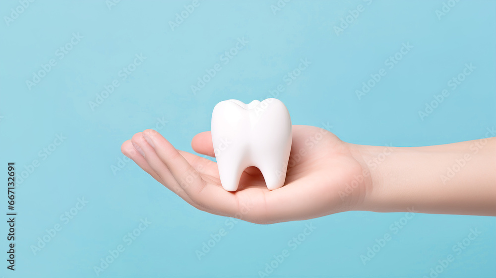 Hand holding a tooth close-up on a blue background with copyspace. Dental clinic concept for dental treatment - obrazy, fototapety, plakaty 
