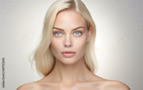 Retrato de mujer joven rubia caucásica sobre fondo blanco. 