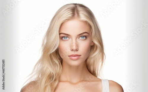 Retrato de mujer joven rubia caucásica sobre fondo blanco. 