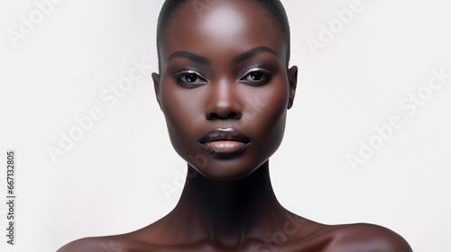 Beautiful bald dark-skinned well-groomed woman on a light background with copyspace