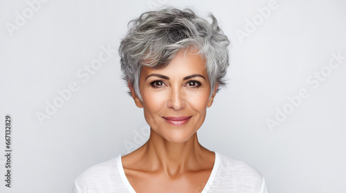 Beautiful mature well-groomed Spanish woman on a light background with copyspace