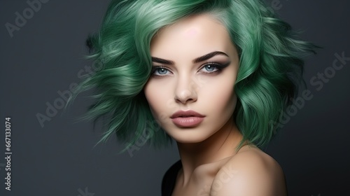 Beautiful young woman with green hair on a dark background 
