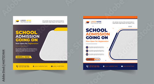 School admission social media post banner design. back to school social media post banner design set. Back to school admission promotion banner. school admission template for social media ad.
