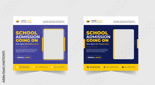 School admission social media post banner design. back to school social media post banner design set. Back to school admission promotion banner. school admission template for social media ad.
