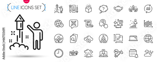 Pack of Select user, Internet and Laptop line icons. Include Diagram chart, Qr code, Coronavirus vaccine pictogram icons. Fireworks, Question mark, Blood and saliva test signs. Incubator. Vector