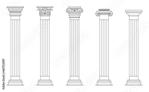 Greek roman column pillar ancient architecture line art set