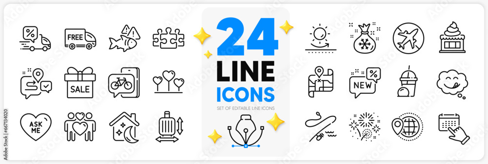 Icons set of Ice cream, Sleep and Bike app line icons pack for app with Fireworks, Journey, Love heart thin outline icon. Puzzle, Map, Event click pictogram. Yummy smile, Airplane mode. Vector