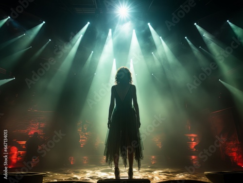 Fictional woman on stage in green and red spotlight with her back in frame AI