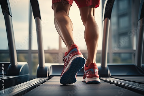 Male legs in running shoes on a treadmill at home. Work-out