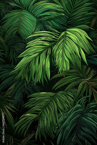 Illustration of a green palm leaf on black background
