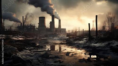 Smoking chimneys of factories in a polluted city, dirt and soot