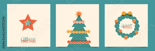 Christmas risograph style posters set with abstract geometric shapes - xmas tree, star, fir wreath. Bauhaus retro pictures. Vector illustrator.