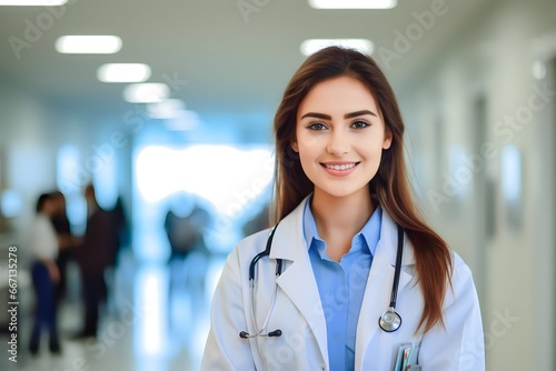 portrait of woman doctor in hospital corridor