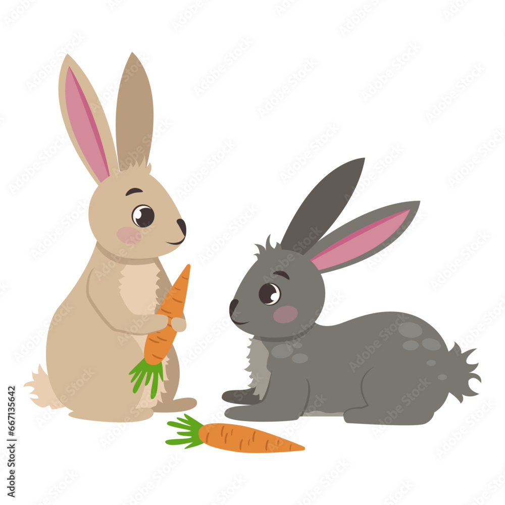 Fototapeta premium Farm animals. Cute rabbits with carrots. Vector graphic.