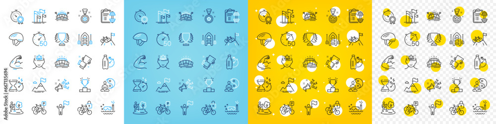 Vector icons set of Mountain bike, Winner cup and Winner line icons pack for web with Sports arena, Yoga mind, Fitness water outline icon. Leadership, Flags, Bicycle parking pictogram. Vector Vector icons set of Mountain bike, Winner cup and Winner line icons pack for web with Sports arena, Yoga mind, Fitness water outline icon. Leadership, Flags, Bicycle parking pictogram. Vector