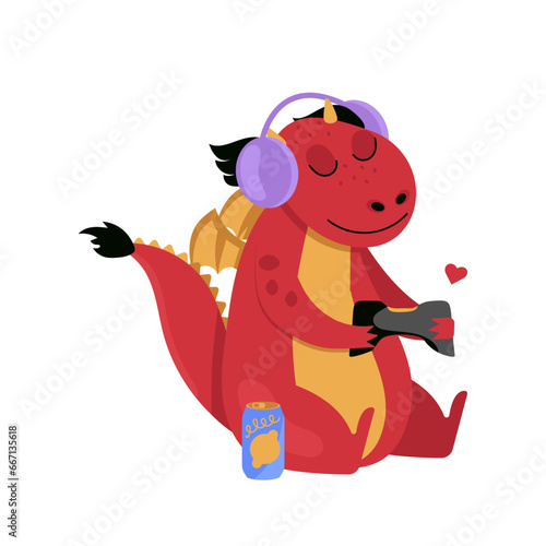 Funny dragon in headphones with a joystick plays a video game. Vector graphic.