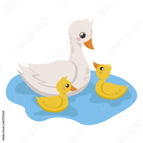 Farm animals. Cute duck with ducklings swims in lake. Vector graphic.