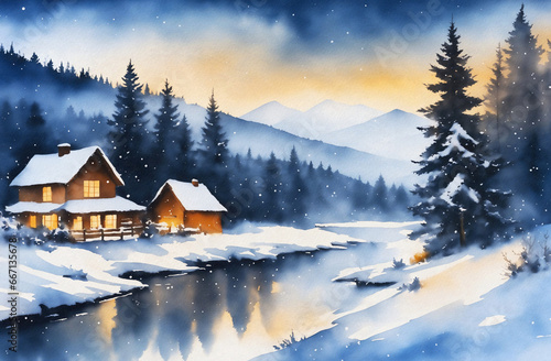 snow covered winter wonderland watercolor painting artwork © magann