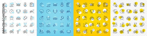 Vector icons set of Mountain bike, Winner cup and Winner line icons pack for web with Sports arena, Yoga mind, Fitness water outline icon. Leadership, Flags, Bicycle parking pictogram. Vector