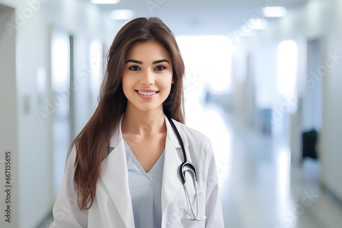 portrait of woman doctor in hospital corridor