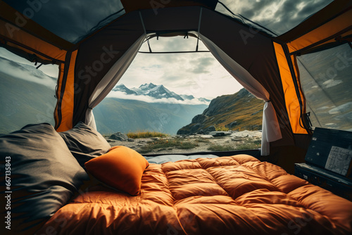 Open flap of a tent in the mountains. 