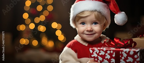 Baby in elf s costume with Santa bag on Christmas eve at home