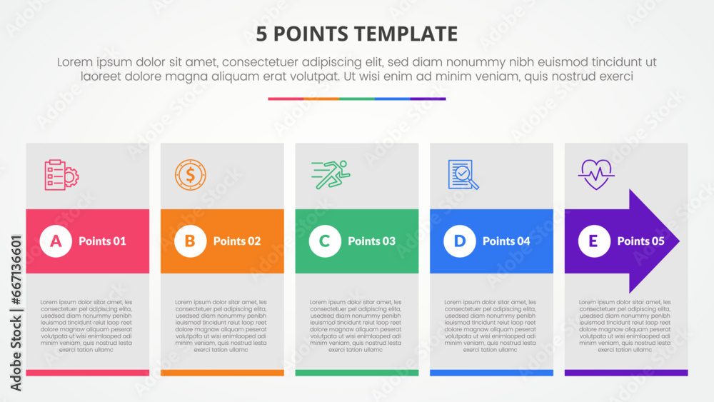 5 points stage template infographic concept for slide presentation with big box and arrow hover with 5 point list with flat style
