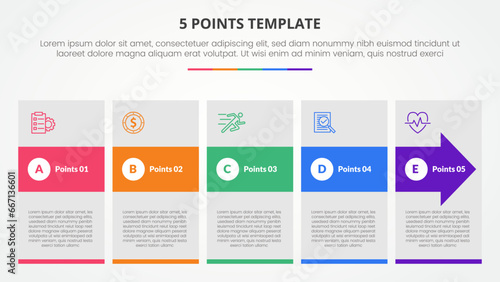 5 points stage template infographic concept for slide presentation with big box and arrow hover with 5 point list with flat style