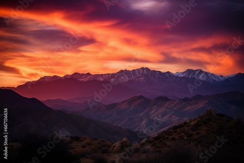 A stunning sunset casting warm hues of orange and purple over majestic mountains. Generative AI