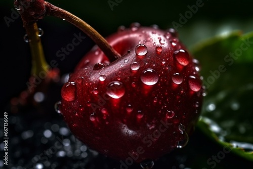 Close-up photo of juicy red cherry covered in water droplets. Generative AI