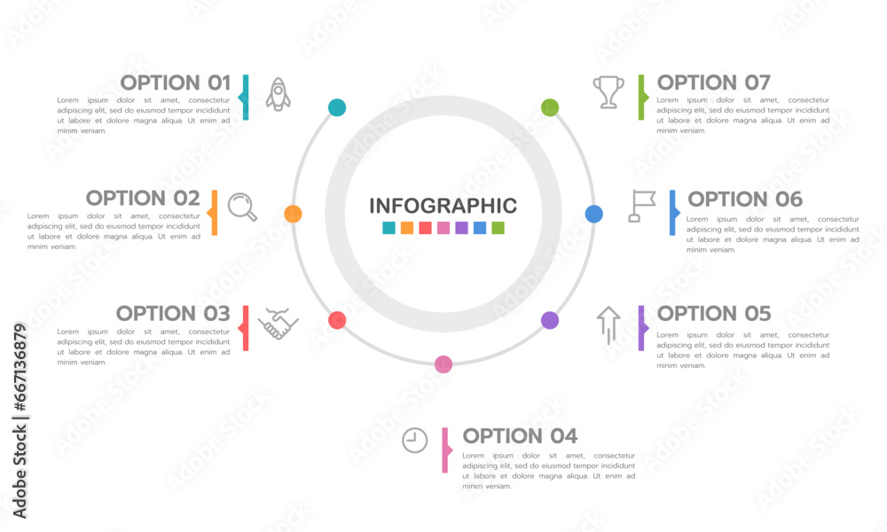 Naklejka premium Infographic semicircle 7 processes to success. Business presentation, and report. Vector illustration.
