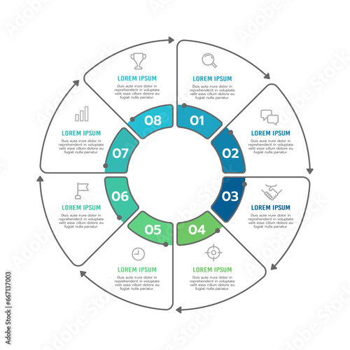 Business circle thin line arrow 8 process infographic for success. Vector illustration.