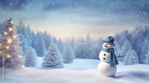 winter wonderland greeting card: merry christmas and happy new year with happy snowman in snowy landscape © Ashi