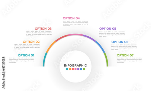 Business half circle 7 process infographic for success. Vector illustration.