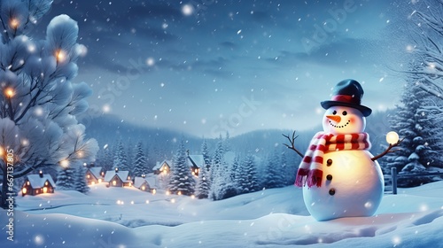 winter wonderland greeting card: merry christmas and happy new year with happy snowman in snowy landscape photo