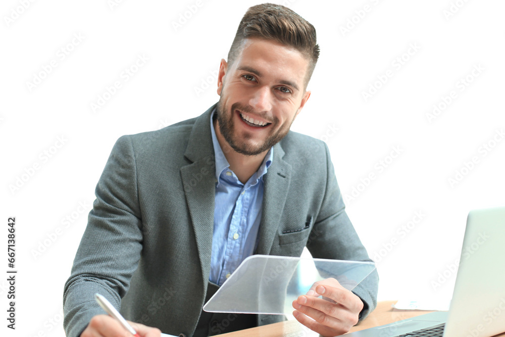 Businessman working in office with transparent tablet and laptop on a transparent background Businessman working in office with transparent tablet and laptop on a transparent background