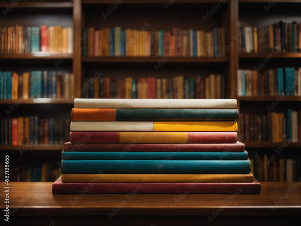 bookshelves and stack of books in library interior bookshelves and stack of books in library interior