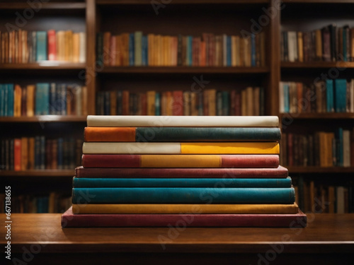 bookshelves and stack of books in library interior
