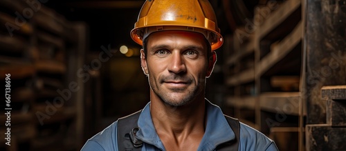 A tired young foreman in a hard hat gazes at the camera after a long workday on site © 2rogan