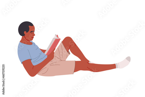 African-American man reading a book while lying down. Education, hobby concept vector illustration
