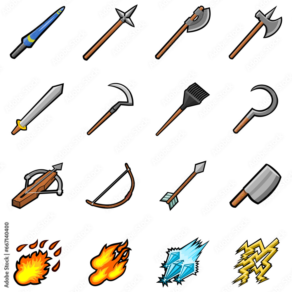 Icon Set for RPG, Tools Weapons Effects Vector Illustration Icon Set for RPG, Tools Weapons Effects Vector Illustration
