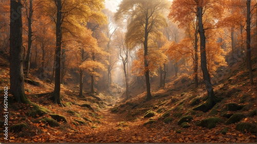  A dense forest in autumn with falling le 