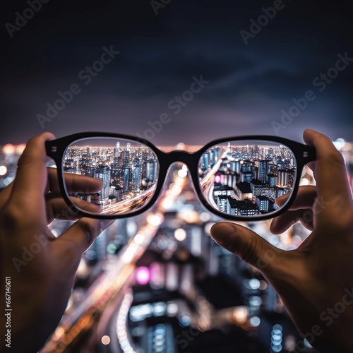 Modern bright view of the night city through glasses. Blurred background. Vision concept