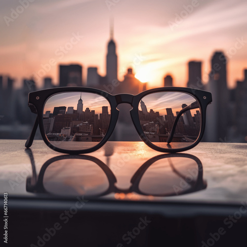 Modern bright view of the city through glasses. Blurred background. Vision concept