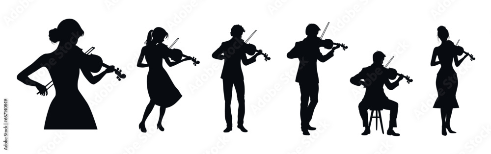 Violinist silhouette. Musician playing violin, Man and woman playing violin vector silhouette. Musician artist - obrazy, fototapety, plakaty 