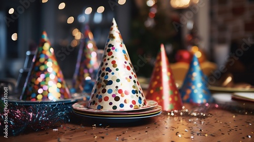 A stack of colorful New Year's Eve party hats and noisemakers on a table. photo