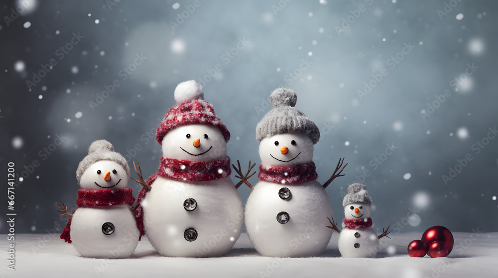 Snowmen happy familly on the grey backround. Christmas atmosphere 