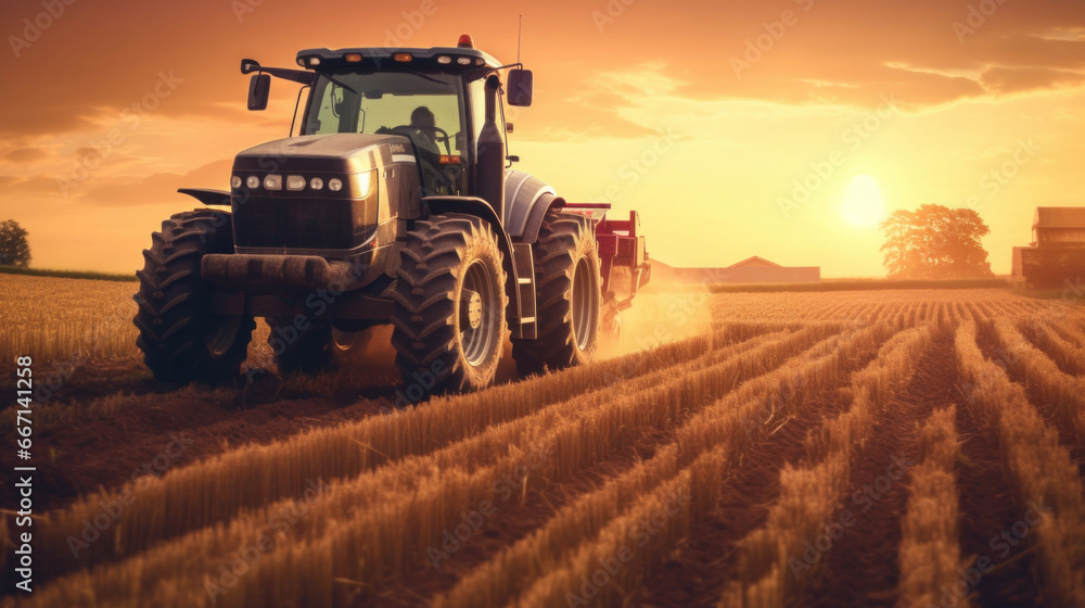 Fototapeta premium a big tractor in corn field.